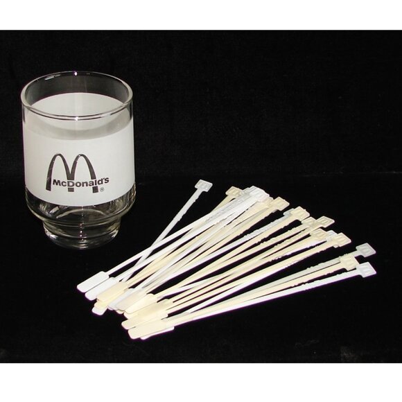 Vtg McDonalds Drink/Juice GLASS, Arch Logo, Frosted & Clear Glass + Stir Sticks - Picture 2 of 7